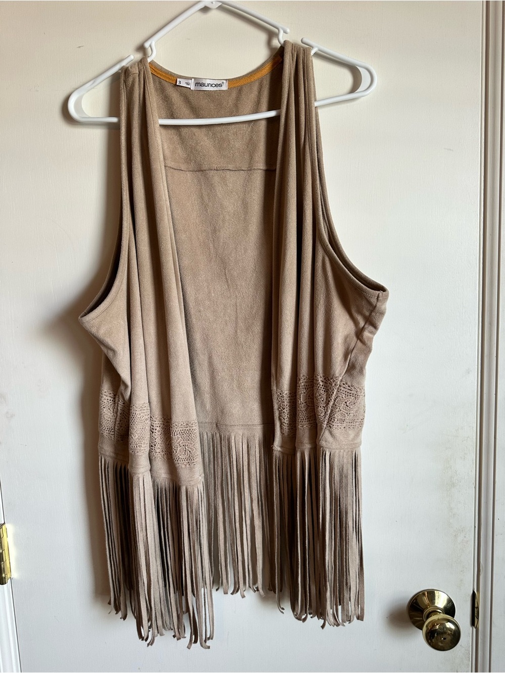 Maurices Taupe Fringe Open Vest with Crochet Detail